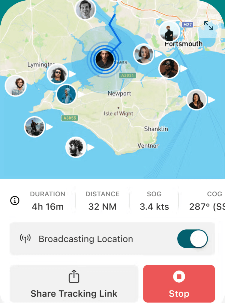 The SailTies app tracking a live passage across the Solent, showing duration, distance, speed over ground and course, with crew positions on the map.
