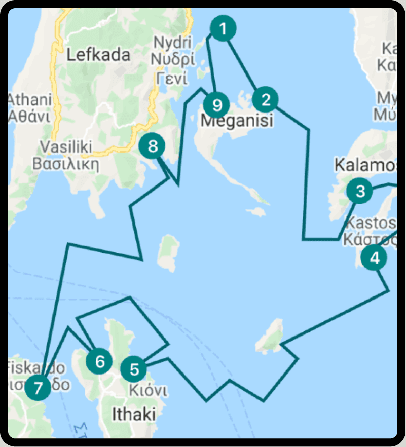SailTies Collections screen showing an Ionian island-hopping track with numbered waypoints