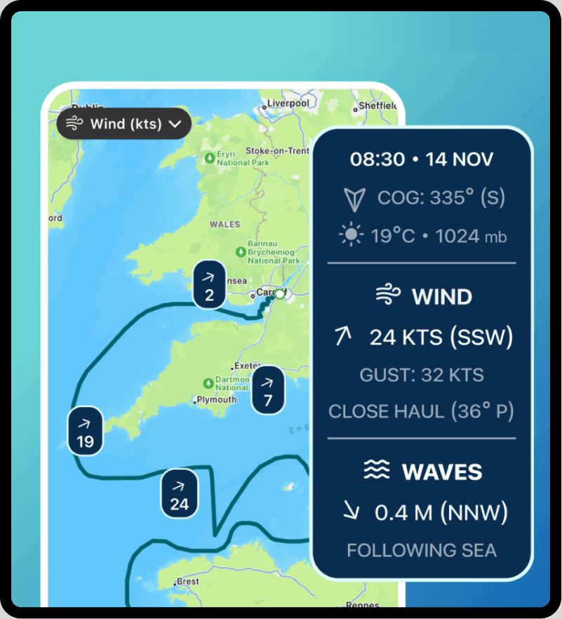 SailTies voyage map with a wind overlay showing 24 knots south-south-west and a 0.4 metre following sea