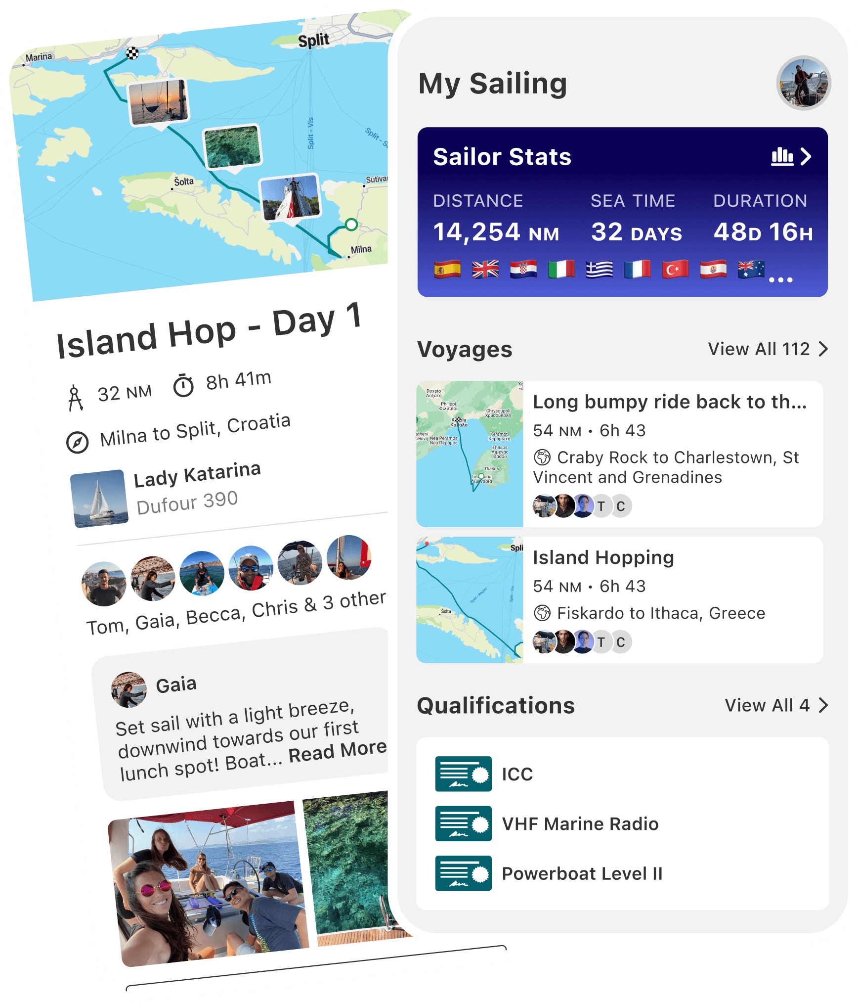 The SailTies app showing the voyage “Crossing the bay”: a track map with pinned photos, 26 NM in 7h 41m from Vancouver to Gibsons, Canada, aboard Lady Katarina, a Dufour 390, with the crew who were aboard.